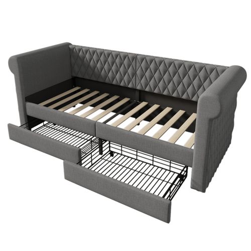 Lit Enfant, Canapé-lit, Lit Avec 2 Tiroirs, 90x200cm, En Lin, Gris