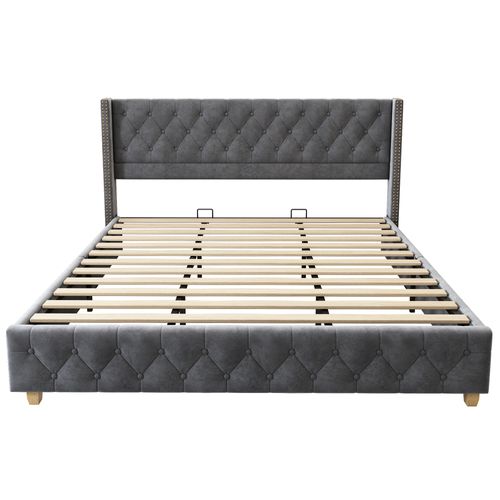 Lit adulte 180x200 cm avec sommier à lattes et tête de lit capitonné, en velours, gris