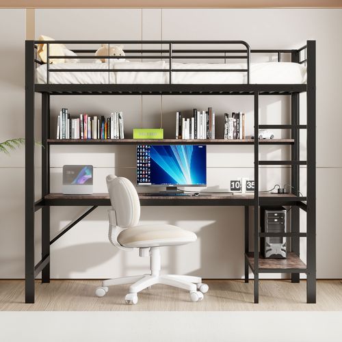 Lit Mezzanine Enfant 90x200 Cm Avec Bureau, LED, USB Et Étagères, Métal Noir