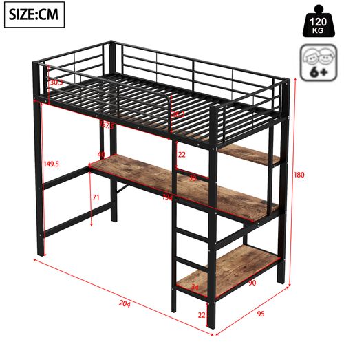 Lit Mezzanine Enfant 90x200 Cm Avec Bureau, LED, USB Et Étagères, Métal Noir