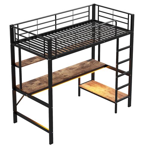 Lit Mezzanine Enfant 90x200 Cm Avec Bureau, LED, USB Et Étagères, Métal Noir