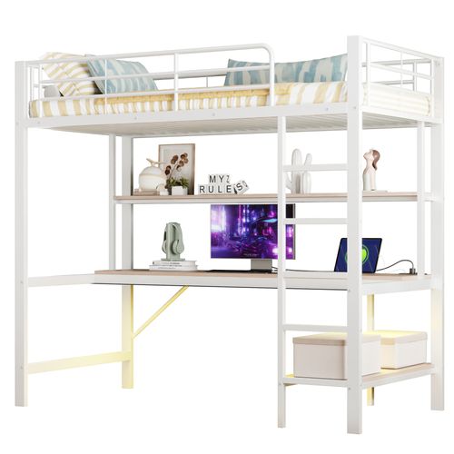 Lit Mezzanine Enfant 90x200 Cm Avec Bureau, LED, USB Et Étagères, Métal Blanc