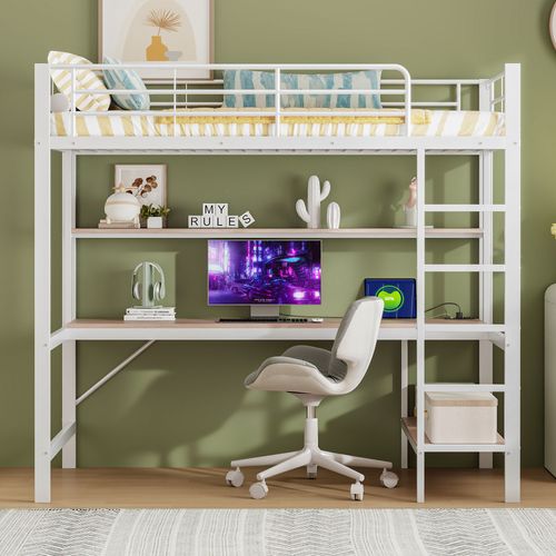 Lit Mezzanine Enfant 90x200 Cm Avec Bureau, LED, USB Et Étagères, Métal Blanc