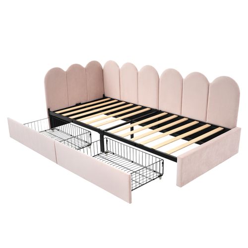 Lit Enfant Banquette 90x200 Cm En Velours Rose Avec Tiroirs, Sommier Et Rangement