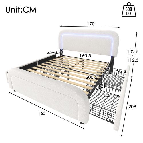 Lit Adulte 160x200 Cm Avec Rangement, USB-c, LED, Tête Réglable, Lattes En Bois, Sherpa Blanc