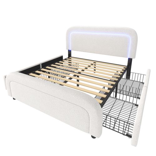 Lit Adulte 160x200 Cm Avec Rangement, USB-c, LED, Tête Réglable, Lattes En Bois, Sherpa Blanc