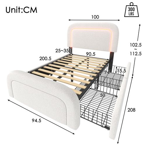 Lit Enfant 90x200 Cm Avec Rangement, USB-c, LED, Tête Réglable, Lattes En Bois, Sherpa Blanc