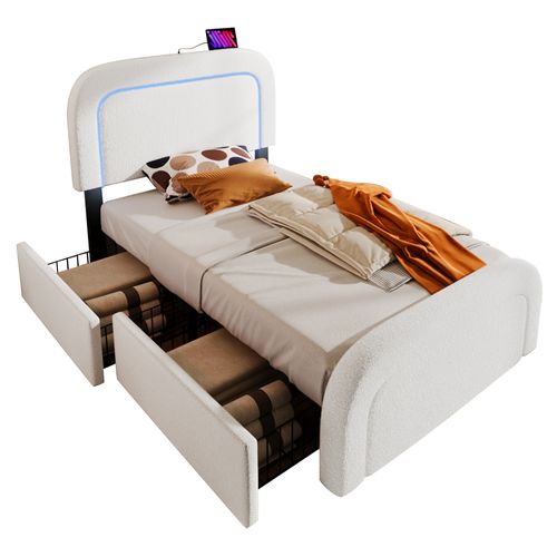 Lit Enfant 90x200 Cm Avec Rangement, USB-c, LED, Tête Réglable, Lattes En Bois, Sherpa Blanc