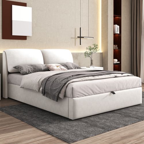 Lit Coffre 140x200 cm, Lit Adulte, Lit Avec 3 Tiroirs, En Velours, Beige-blanc