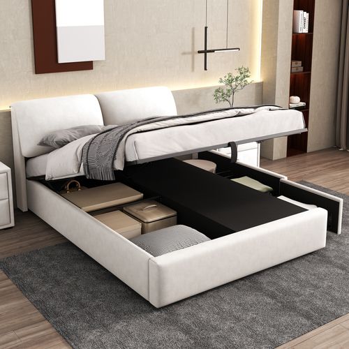 Lit Coffre 140x200 cm, Lit Adulte, Lit Avec 3 Tiroirs, En Velours, Beige-blanc