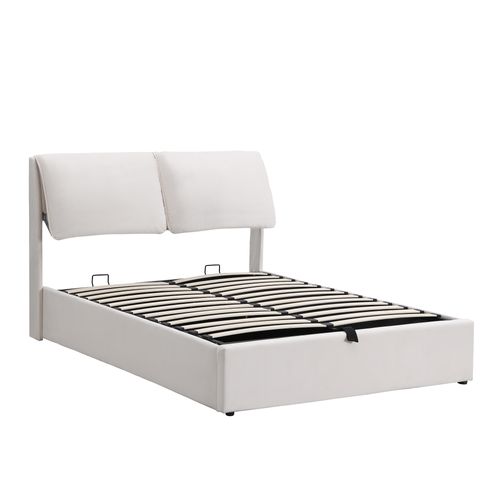 Lit Coffre 140x200 cm, Lit Adulte, Lit Avec 3 Tiroirs, En Velours, Beige-blanc