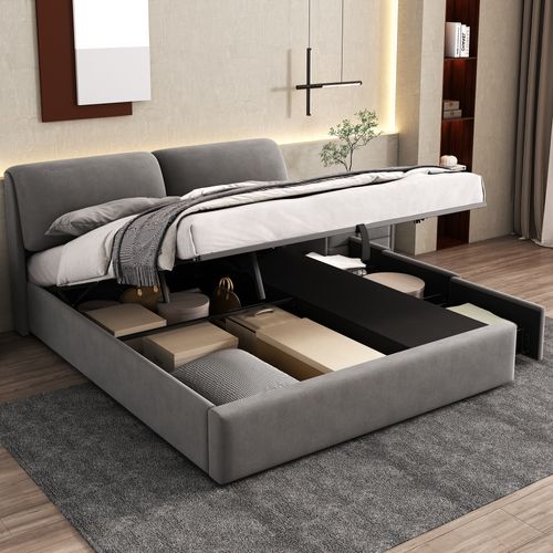 Lit Coffre 160x200 cm, Lit Adulte Avec 3 Tiroirs, En Velours, Gris