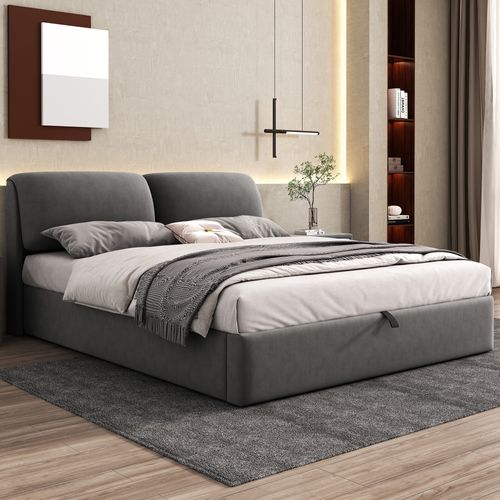 Lit Coffre 160x200 cm, Lit Adulte Avec 3 Tiroirs, En Velours, Gris