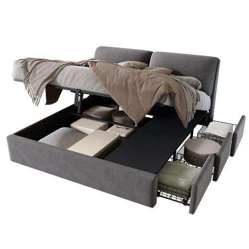 Lit Coffre 160x200 cm, Lit Adulte Avec 3 Tiroirs, En Velours, Gris
