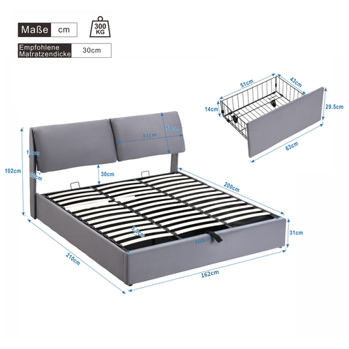 Lit Coffre 160x200 cm, Lit Adulte Avec 3 Tiroirs, En Velours, Gris