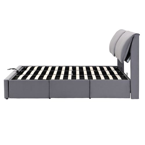 Lit Coffre 160x200 cm, Lit Adulte Avec 3 Tiroirs, En Velours, Gris