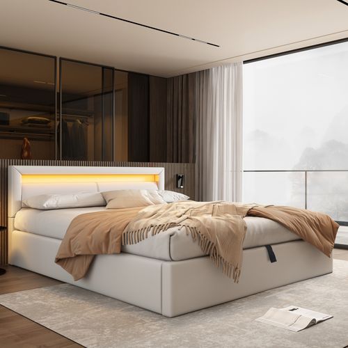 Lit Coffre 140x200cm, Lit Adulte, Lit Double avec Espace De Rangement, LED, Pu, Blanc