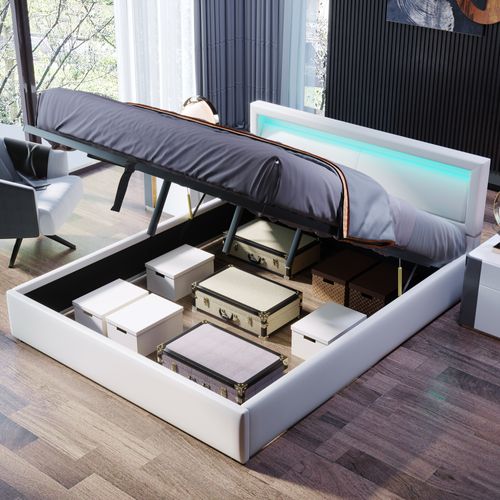 Lit Coffre 140x200cm, Lit Adulte, Lit Double avec Espace De Rangement, LED, Pu, Blanc