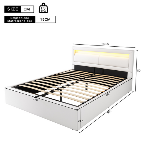 Lit Coffre 140x200cm, Lit Adulte, Lit Double avec Espace De Rangement, LED, Pu, Blanc