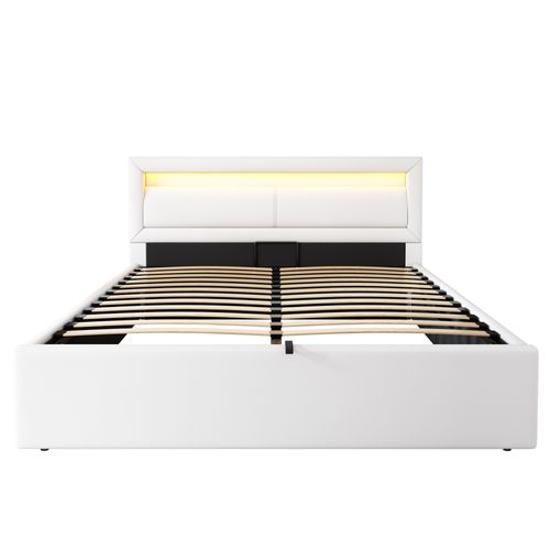 Lit Coffre 140x200cm, Lit Adulte, Lit Double avec Espace De Rangement, LED, Pu, Blanc