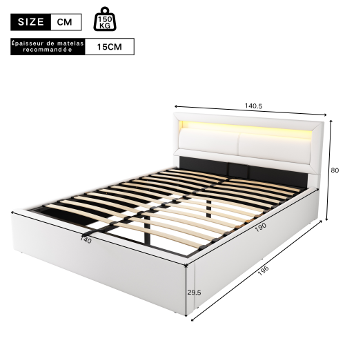 Lit Coffre 140x190 cm, Lit Adulte avec Rangement, LED, Pu, Blanc