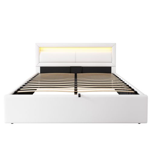 Lit Coffre 140x190 cm, Lit Adulte avec Rangement, LED, Pu, Blanc