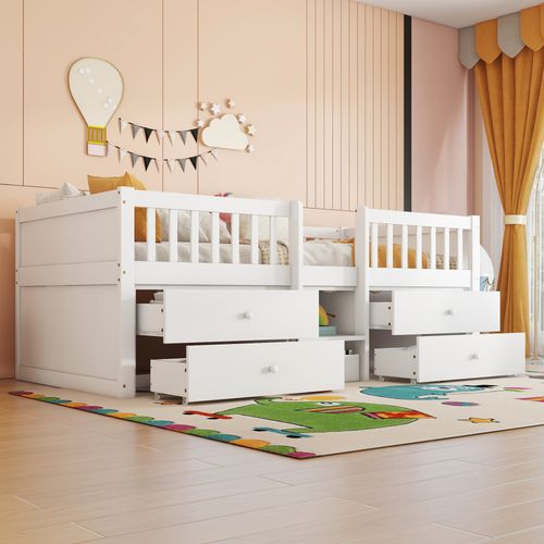 Lit Enfant 90x200 Cm Avec 4 Tiroirs De Rangement, Structure En Pin, Blanc