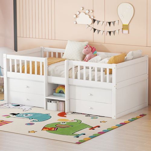 Lit Enfant 90x200 Cm Avec 4 Tiroirs De Rangement, Structure En Pin, Blanc