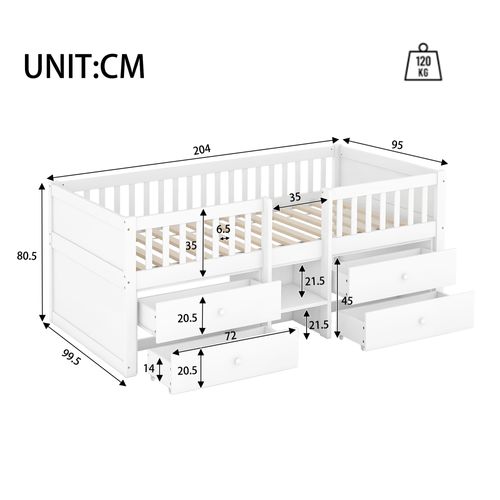 Lit Enfant 90x200 Cm Avec 4 Tiroirs De Rangement, Structure En Pin, Blanc