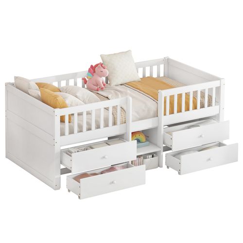 Lit Enfant 90x200 Cm Avec 4 Tiroirs De Rangement, Structure En Pin, Blanc