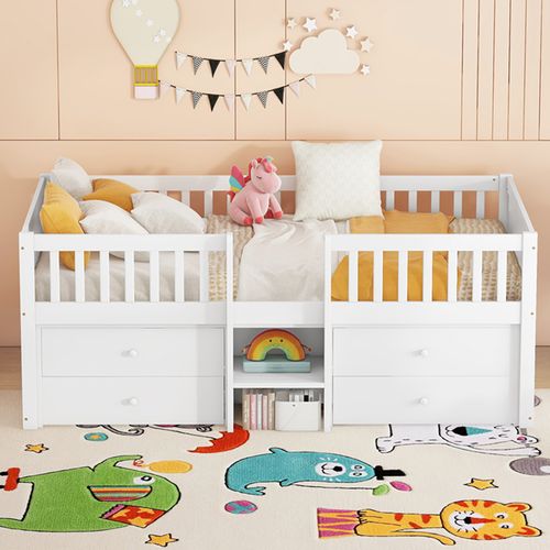 Lit Enfant 90x200 Cm Avec 4 Tiroirs De Rangement, Structure En Pin, Blanc