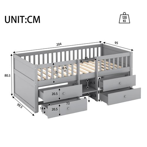 Lit Enfant 90x200 Cm Avec 4 Tiroirs De Rangement, Structure En Pin, Gris