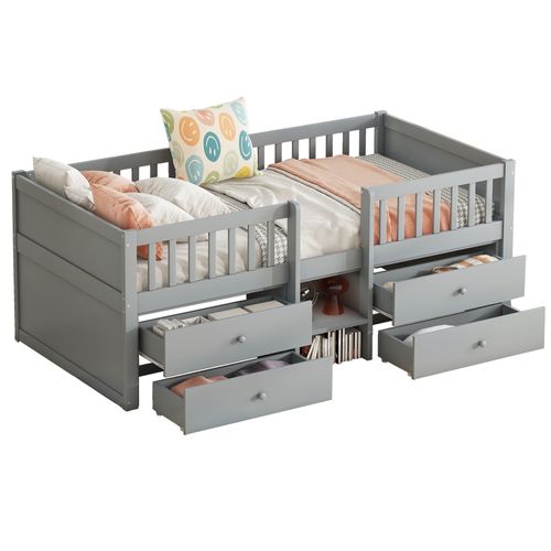 Lit Enfant 90x200 Cm Avec 4 Tiroirs De Rangement, Structure En Pin, Gris