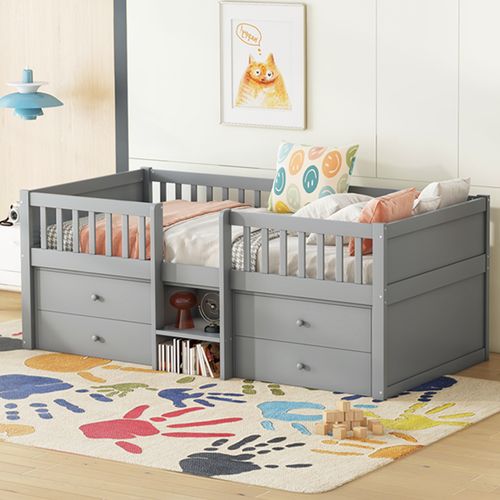 Lit Enfant 90x200 Cm Avec 4 Tiroirs De Rangement, Structure En Pin, Gris