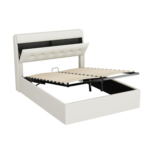 Lit Coffre Adulte 140x190 Cm, Rangement, Tête De Lit Et Sommier à Lattes, Pu Blanc