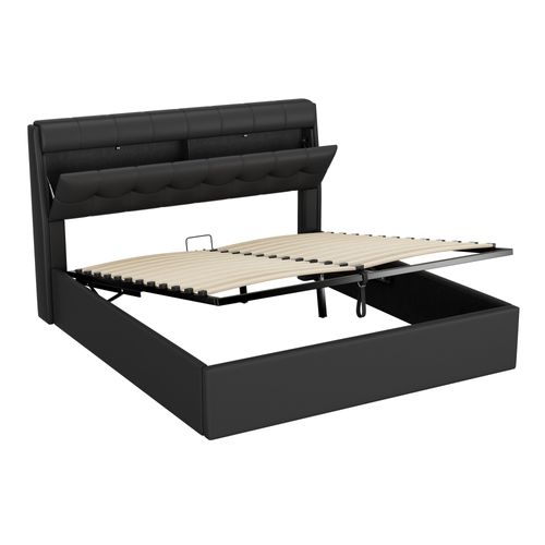 Lit Coffre Adulte 160x200 Cm, Rangement, Tête De Lit Pu, Sommier à Lattes, Noir