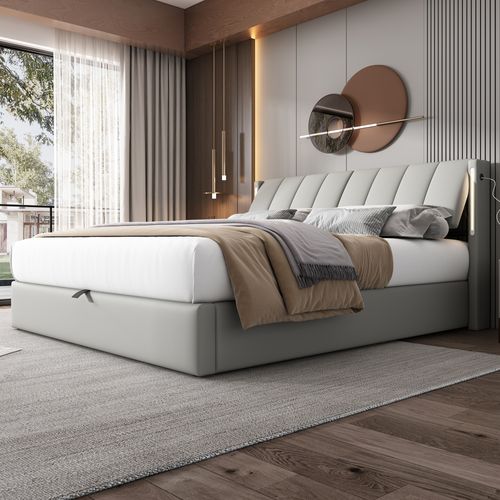 Lit Coffre 160x200 cm Avec Rangement, LED, USB, Pu, Gris
