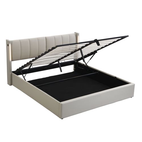 Lit Coffre 160x200 cm Avec Rangement, LED, USB, Pu, Gris