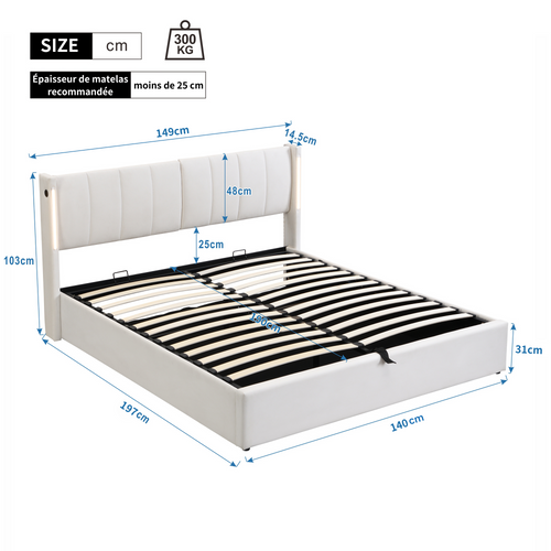 Lit coffre 140x190 cm, lit adulte, avec LED, USB, tête de lit réglable, Pu, blanc