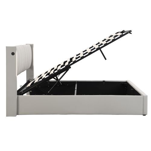 Lit coffre 140x190 cm, lit adulte, lit avec rangement, LED, USB, tête de lit réglable, Pu gris