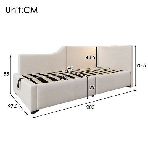 Lit Coffre Enfant 90x190cm Lit 1 Place Avec Lampe De Lecture Et Chargement USB-c, Velours, Beige