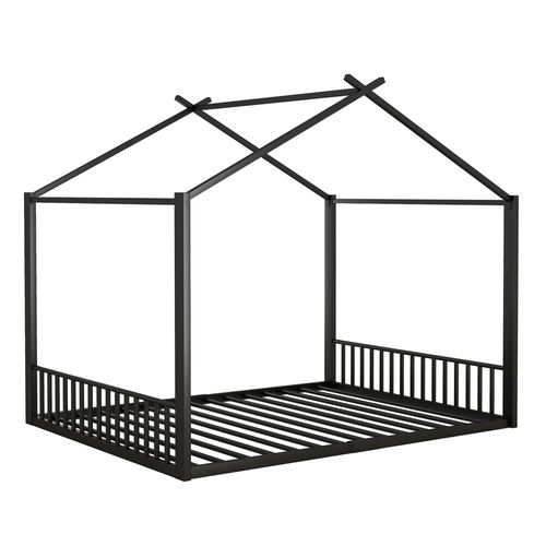 Lit Cabane 140x200 cm avec Barrière De Sécurité, métal, Noir