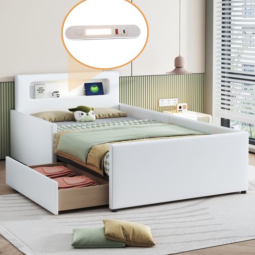Lit Enfant 90 X 200 Cm Avec Eclairage, Port USB Et Tiroir De Rangement, Simili Cuir, Blanc