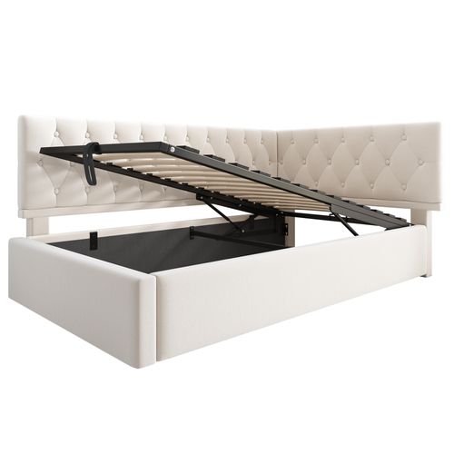 Lit Coffre Enfant 90x200cm, Lit De Repos Avec Rangement Hydraulique, Velours, Beige