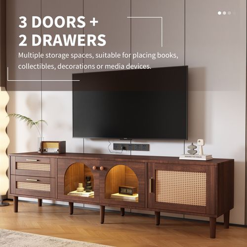 Meuble TV Moderne 180 Cm Avec 2 Tiroirs Et 3 Portes En Rotin Et Verre, Espace De Rangement, Marron