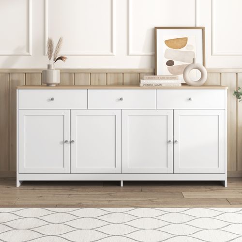 Buffet Moderne 160x37x75 Cm, Avec 4 Portes Et 3 Tiroirs, Couleur Bois Et Blanc