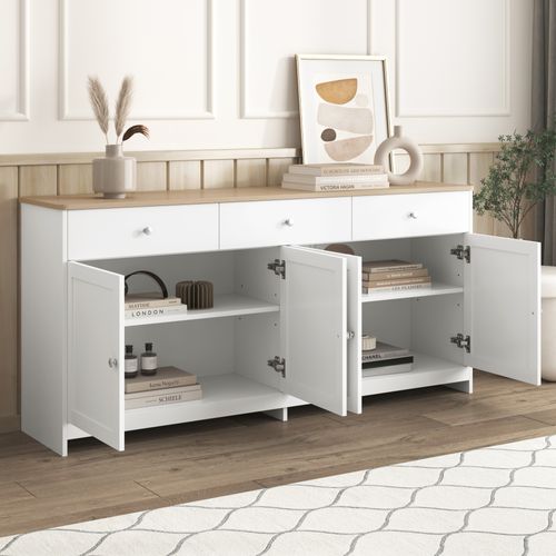 Buffet Moderne 160x37x75 Cm, Avec 4 Portes Et 3 Tiroirs, Couleur Bois Et Blanc
