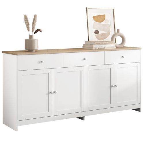 Buffet Moderne 160x37x75 Cm, Avec 4 Portes Et 3 Tiroirs, Couleur Bois Et Blanc