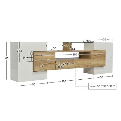 Meuble TV Moderne 200x35x60 Cm, Avec Éclairage LED, Blanc Brillant Et Couleur Bois