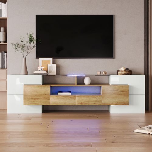 Meuble TV Moderne 200x35x60 Cm, Avec Éclairage LED, Blanc Brillant Et Couleur Bois